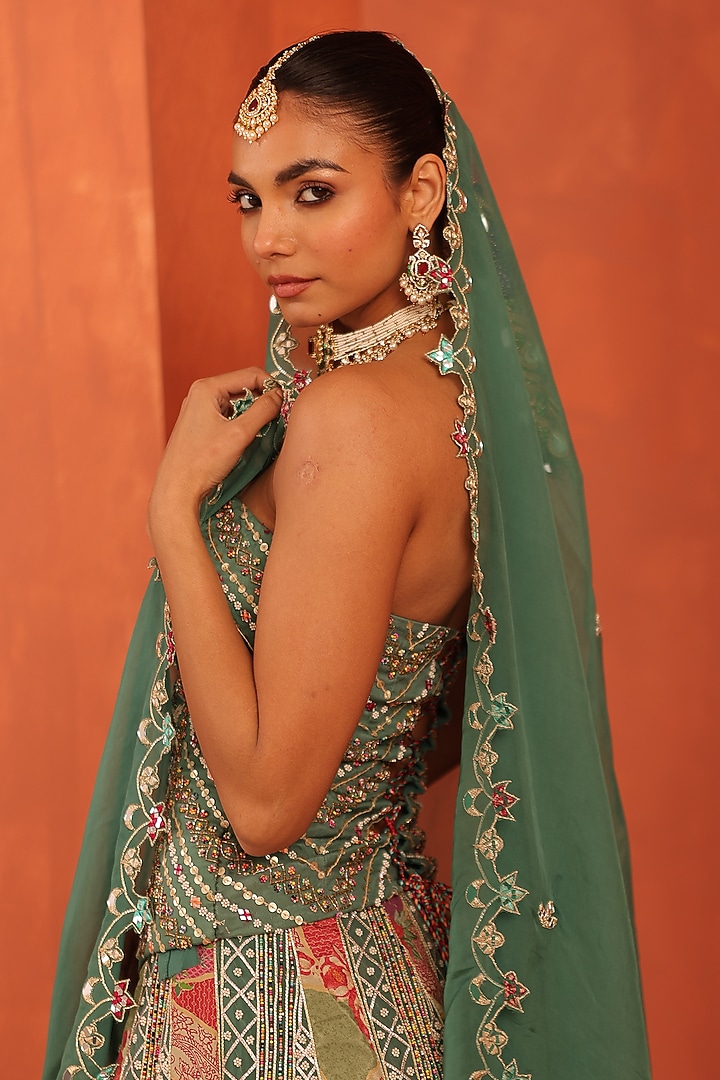 Dusty Blue Organza Mirror Embroidered Wedding Lehenga Set by Label Astha Chhabra at Pernia's Pop Up Shop