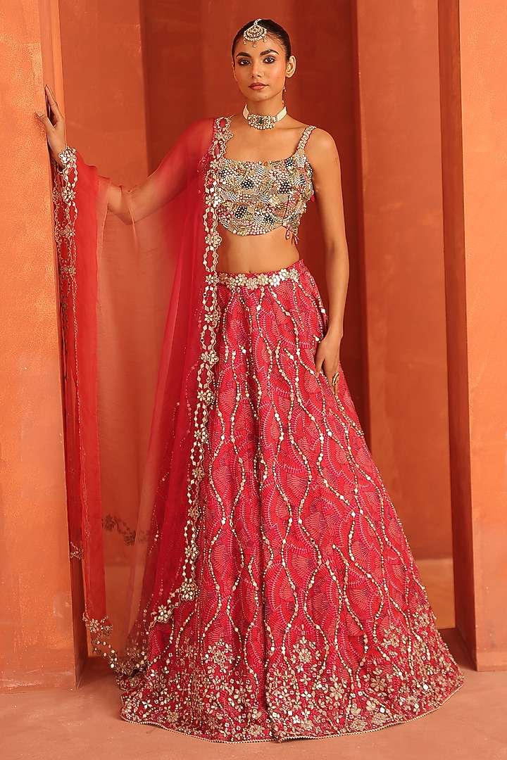 Vermillion Pink Organza Printed & Embellished Wedding Lehenga Set by Label Astha Chhabra at Pernia's Pop Up Shop