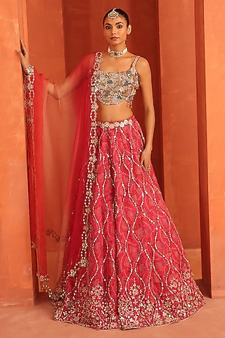 Vermillion Pink Organza Printed & Embellished Lehenga Set by Label Astha Chhabra