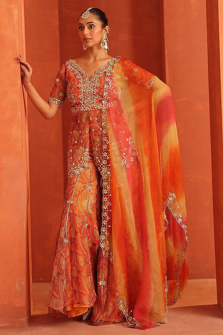 Orange Organza Embroidered Wedding Sharara Set by Label Astha Chhabra at Pernia's Pop Up Shop