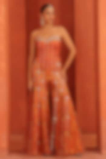 Orange Organza Embellished Flared Party Wear Sharara Set by Label Astha Chhabra at Pernia's Pop Up Shop