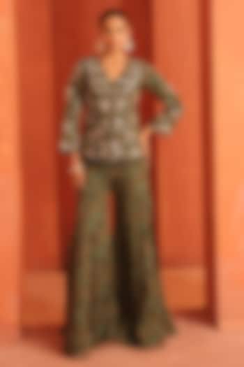 Bottle Green Organza Printed Party Wear Sharara Set by Label Astha Chhabra at Pernia's Pop Up Shop