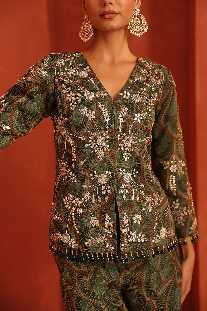 Bottle Green Organza Printed Party Wear Sharara Set by Label Astha Chhabra at Pernia's Pop Up Shop