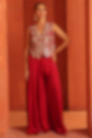 Vermillion Pink Silk Satin & Organza Party Wear Sharara Set by Label Astha Chhabra at Pernia's Pop Up Shop