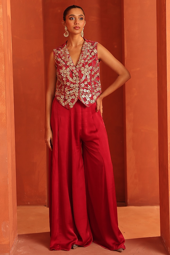 Vermillion Pink Silk Satin & Organza Party Wear Sharara Set by Label Astha Chhabra at Pernia's Pop Up Shop