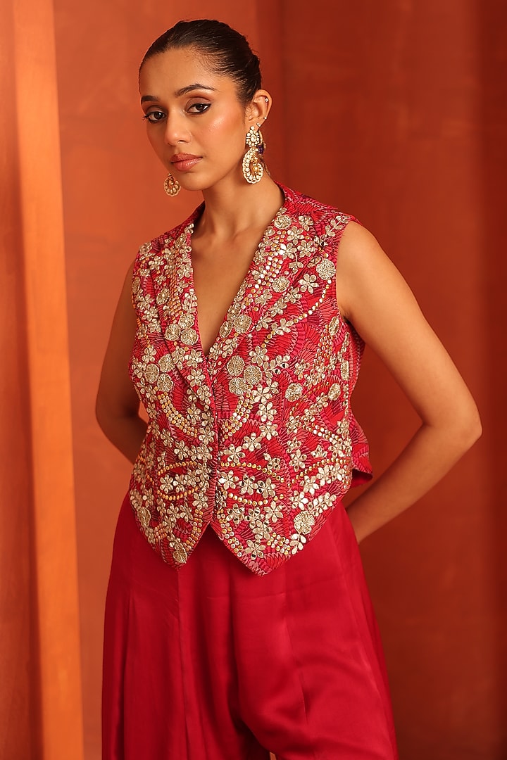 Vermillion Pink Silk Satin & Organza Party Wear Sharara Set by Label Astha Chhabra at Pernia's Pop Up Shop