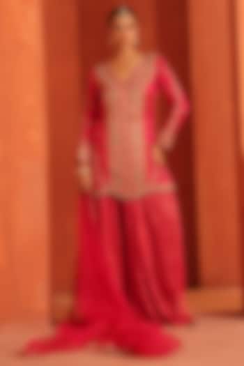 Hot Pink Silk Satin Wedding Sharara Set by Label Astha Chhabra at Pernia's Pop Up Shop