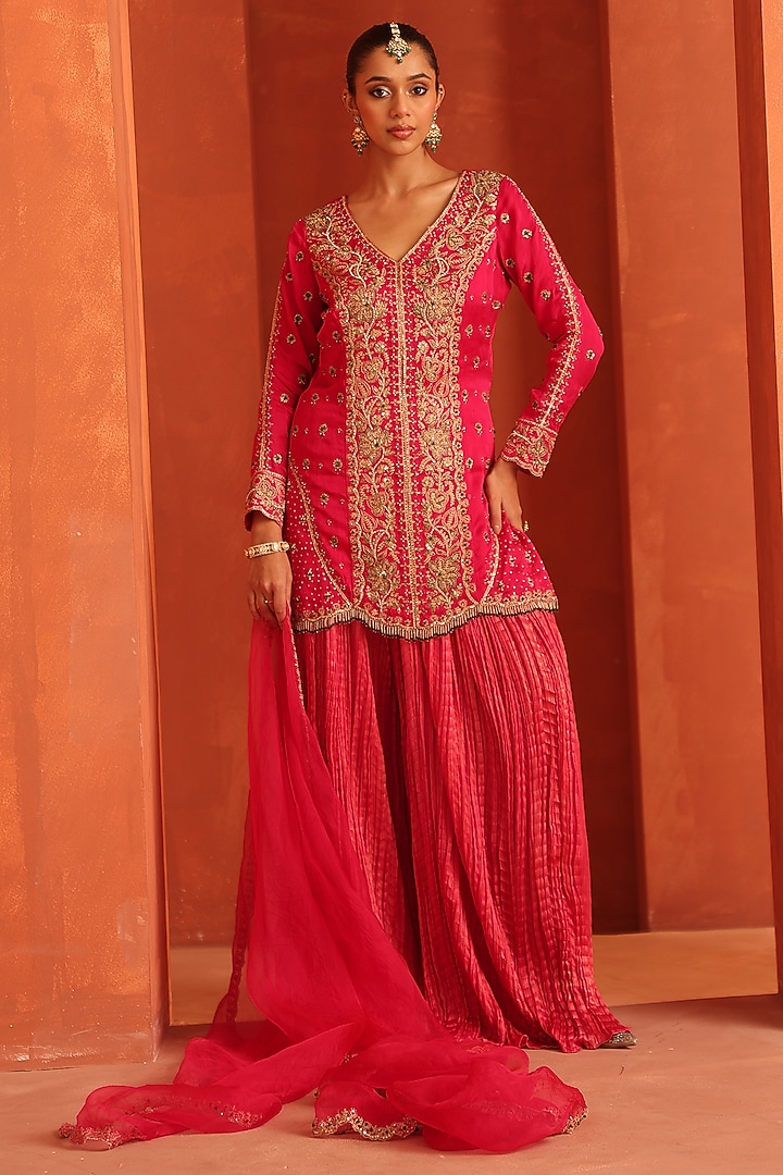 Hot Pink Silk Satin Wedding Sharara Set by Label Astha Chhabra at Pernia's Pop Up Shop