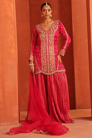 Hot Pink Silk Satin Sharara Set by Label Astha Chhabra