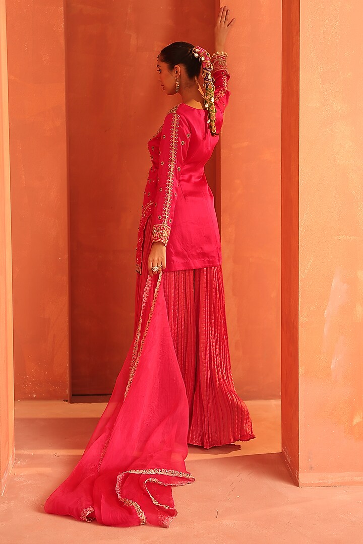 Hot Pink Silk Satin Wedding Sharara Set by Label Astha Chhabra at Pernia's Pop Up Shop