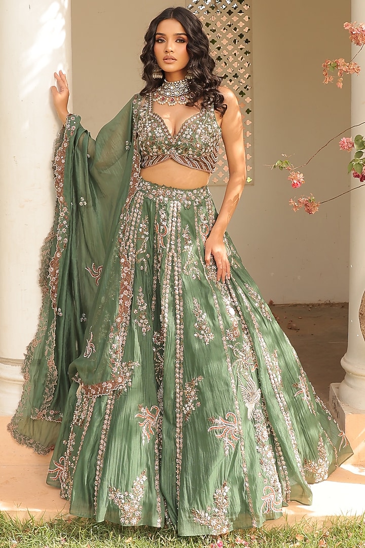 Jade Green Crushed Silk Organza Metallic Embroidered Wedding Lehenga Set by Label Astha Chhabra at Pernia's Pop Up Shop
