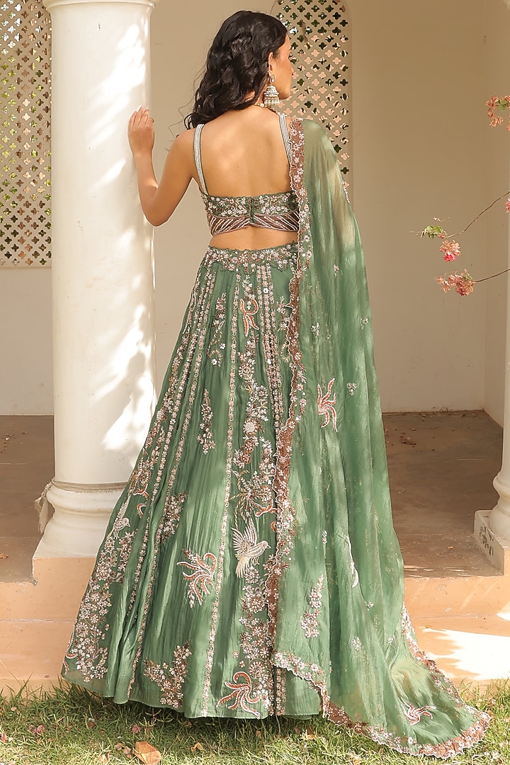 Jade Green Crushed Silk Organza Metallic Embroidered Wedding Lehenga Set by Label Astha Chhabra at Pernia's Pop Up Shop