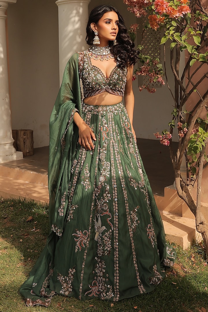 Jade Green Crushed Silk Organza Metallic Embroidered Wedding Lehenga Set by Label Astha Chhabra at Pernia's Pop Up Shop