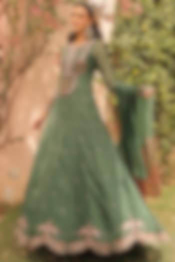 Jade Green Crushed Silk Organza Pearl Embroidered Wedding Anarkali Set by Label Astha Chhabra at Pernia's Pop Up Shop