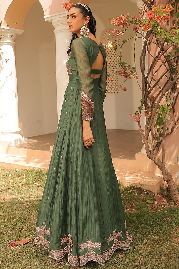 Jade Green Crushed Silk Organza Pearl Embroidered Wedding Anarkali Set by Label Astha Chhabra at Pernia's Pop Up Shop