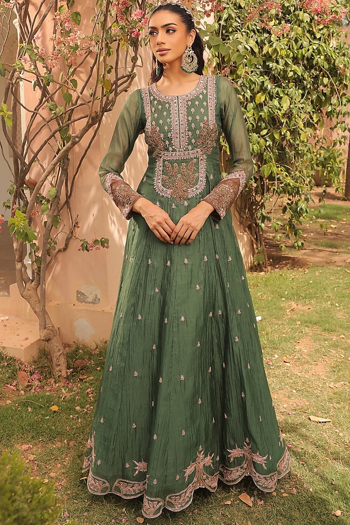 Jade Green Crushed Silk Organza Pearl Embroidered Wedding Anarkali Set by Label Astha Chhabra at Pernia's Pop Up Shop
