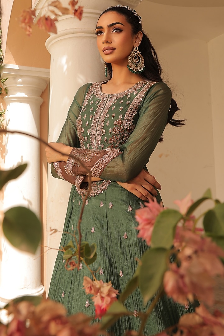 Jade Green Crushed Silk Organza Pearl Embroidered Wedding Anarkali Set by Label Astha Chhabra at Pernia's Pop Up Shop