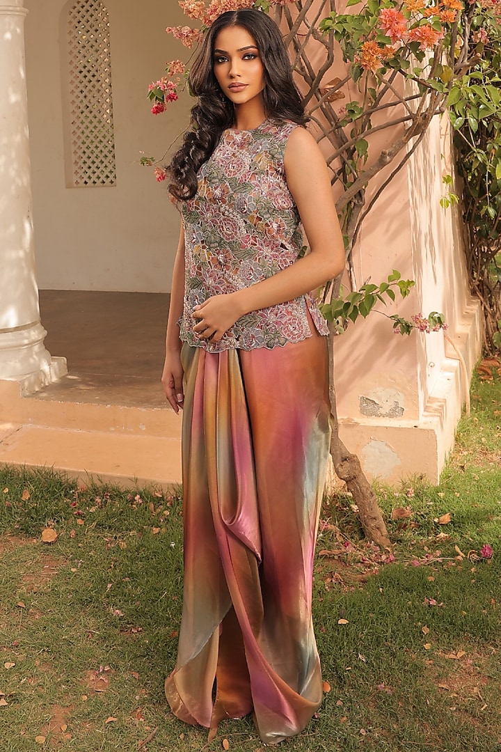 Copper Organza Draped Skirt Set by Label Astha Chhabra at Pernia's Pop Up Shop