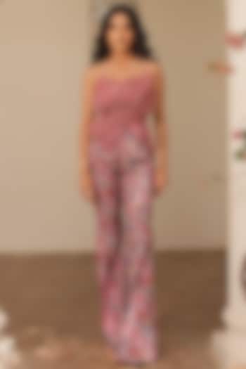 Pink Organza Printed Bell Bottom Pants Set by Label Astha Chhabra at Pernia's Pop Up Shop