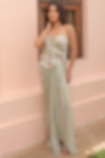 Sage Green Satin & Organza Draped Skirt Set by Label Astha Chhabra at Pernia's Pop Up Shop