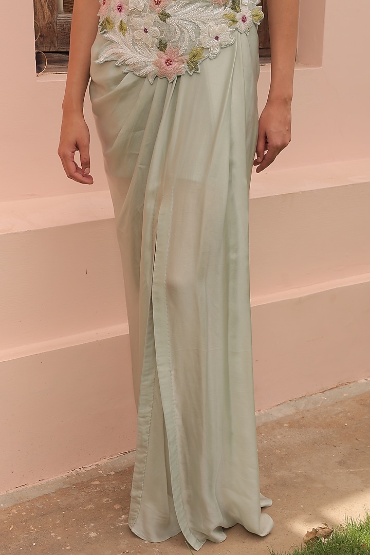 Sage Green Satin & Organza Draped Skirt Set by Label Astha Chhabra at Pernia's Pop Up Shop