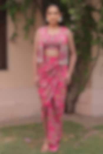 Hot Pink Crepe & Organza Embellished Jacket Set by Label Astha Chhabra at Pernia's Pop Up Shop