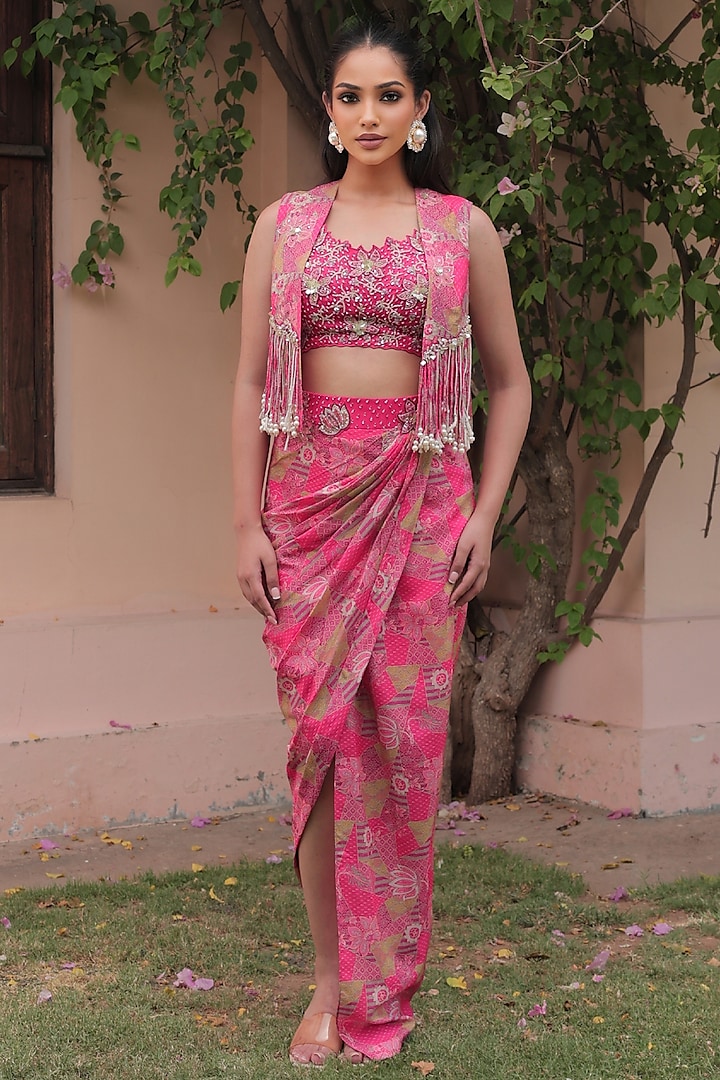 Hot Pink Crepe & Organza Embellished Jacket Set by Label Astha Chhabra at Pernia's Pop Up Shop