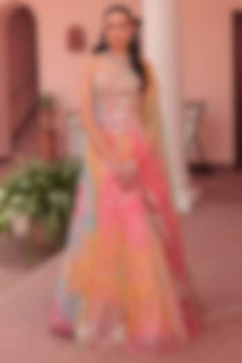 Green & Pink Organza Embroidered Skirt Set by Label Astha Chhabra at Pernia's Pop Up Shop