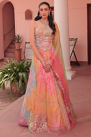 Green & Pink Organza Embroidered Skirt Set by Label Astha Chhabra