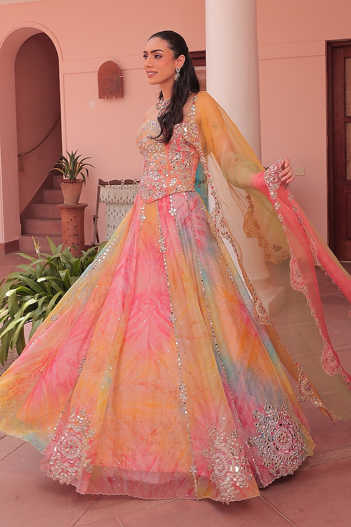 Green & Pink Organza Embroidered Skirt Set by Label Astha Chhabra at Pernia's Pop Up Shop