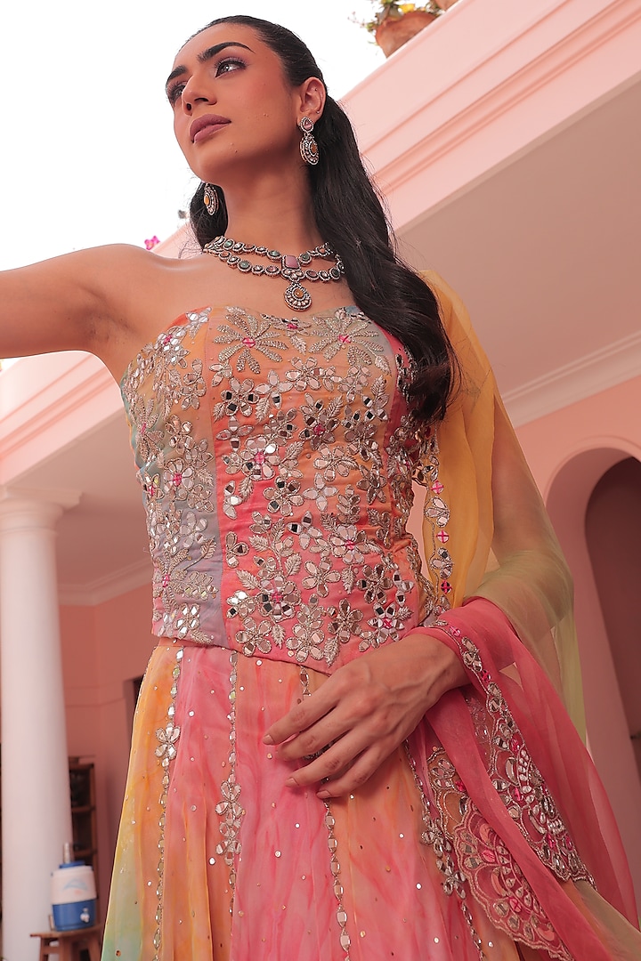 Green & Pink Organza Embroidered Skirt Set by Label Astha Chhabra at Pernia's Pop Up Shop
