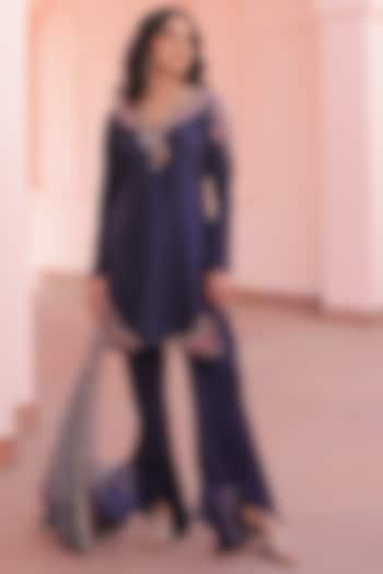 Deep Purple Silk & Satin Georgette Pearl Embroidered Kurta Set by Label Astha Chhabra at Pernia's Pop Up Shop