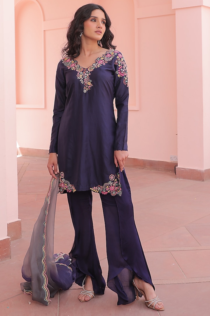 Deep Purple Silk & Satin Georgette Pearl Embroidered Kurta Set by Label Astha Chhabra at Pernia's Pop Up Shop