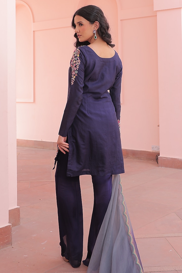 Deep Purple Silk & Satin Georgette Pearl Embroidered Kurta Set by Label Astha Chhabra at Pernia's Pop Up Shop