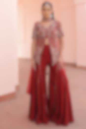 Maroon Silk & Organza Wedding Sharara Set by Label Astha Chhabra at Pernia's Pop Up Shop