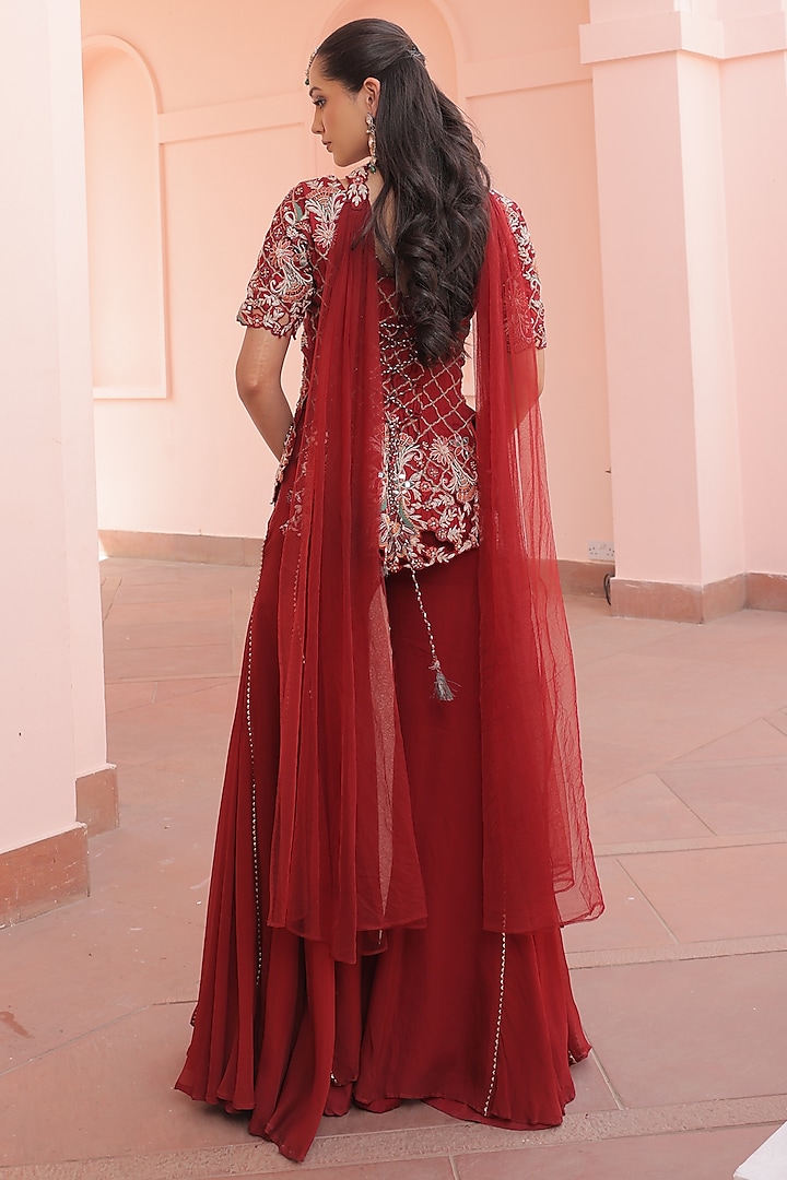 Maroon Silk & Organza Wedding Sharara Set by Label Astha Chhabra at Pernia's Pop Up Shop