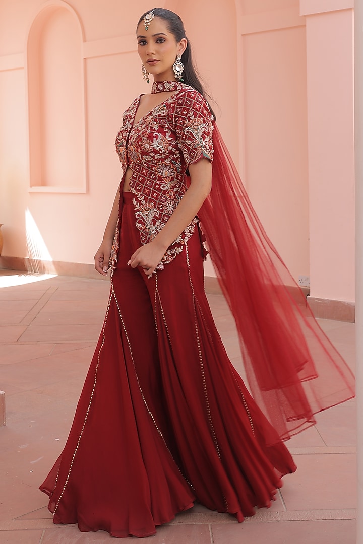 Maroon Silk & Organza Wedding Sharara Set by Label Astha Chhabra at Pernia's Pop Up Shop