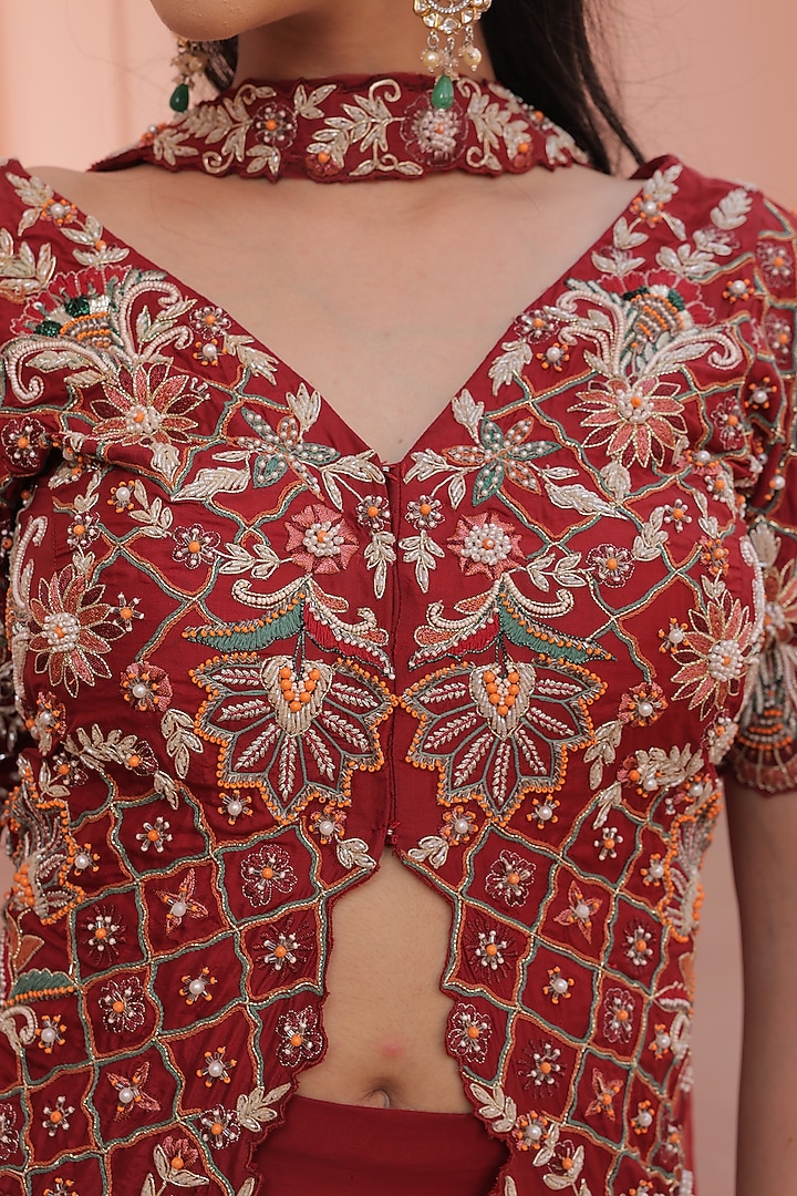 Maroon Silk & Organza Wedding Sharara Set by Label Astha Chhabra at Pernia's Pop Up Shop