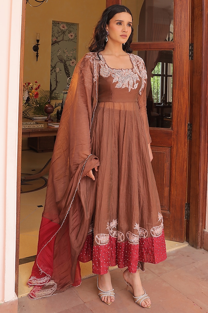 Copper & Maroon Crushed Silk Organza Pearl Embroidered Wedding Anarkali Set by Label Astha Chhabra at Pernia's Pop Up Shop