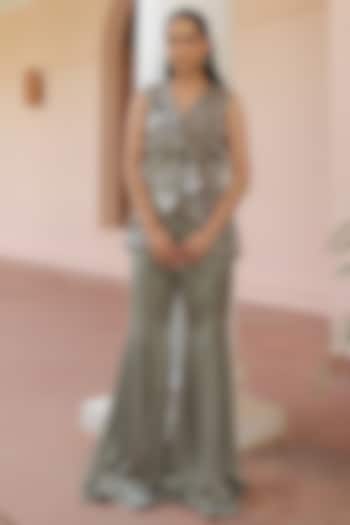 Olive Green Textured Satin Hand Embellished Tunic Set by Label Astha Chhabra at Pernia's Pop Up Shop