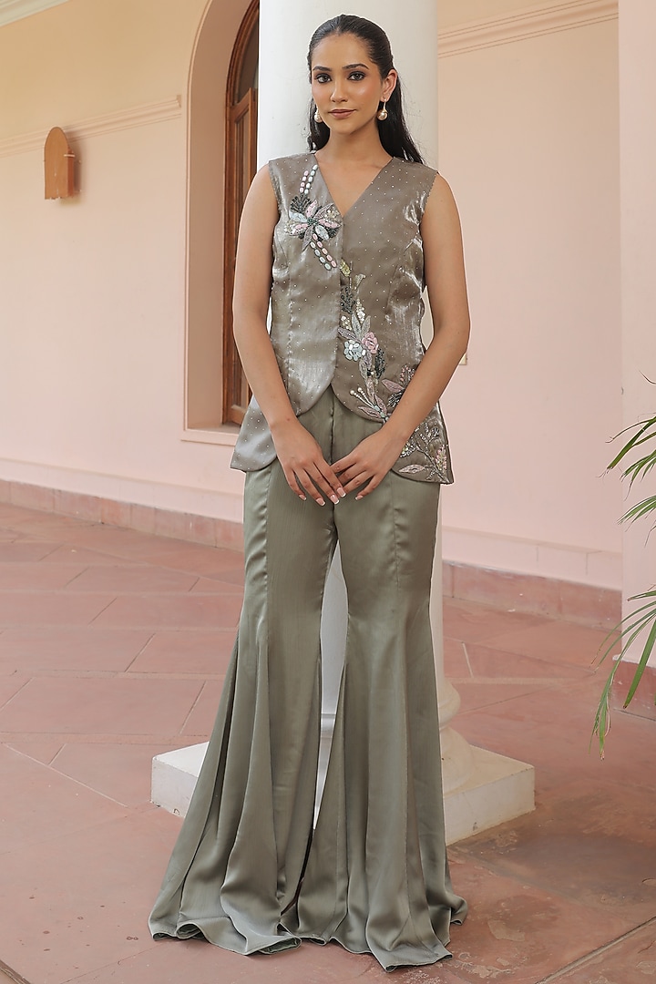 Olive Green Textured Satin Hand Embellished Tunic Set by Label Astha Chhabra at Pernia's Pop Up Shop