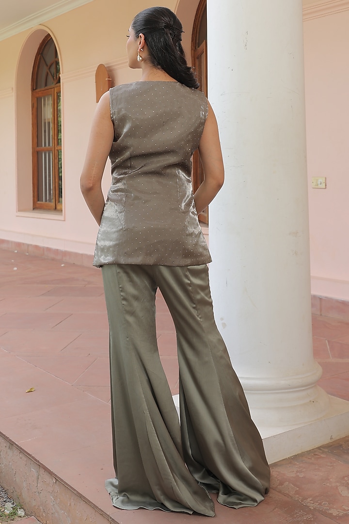 Olive Green Textured Satin Hand Embellished Tunic Set by Label Astha Chhabra at Pernia's Pop Up Shop