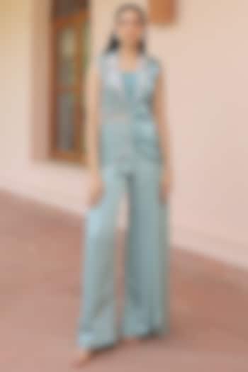Sage Green Textured Satin Blazer Set by Label Astha Chhabra at Pernia's Pop Up Shop