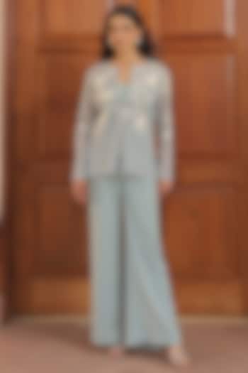 Aqua Blue Mesh Fabric Thread Embroidered Jacket Set by Label Astha Chhabra at Pernia's Pop Up Shop