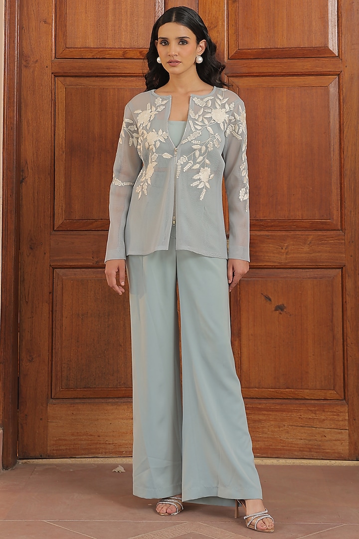 Aqua Blue Mesh Fabric Thread Embroidered Jacket Set by Label Astha Chhabra at Pernia's Pop Up Shop