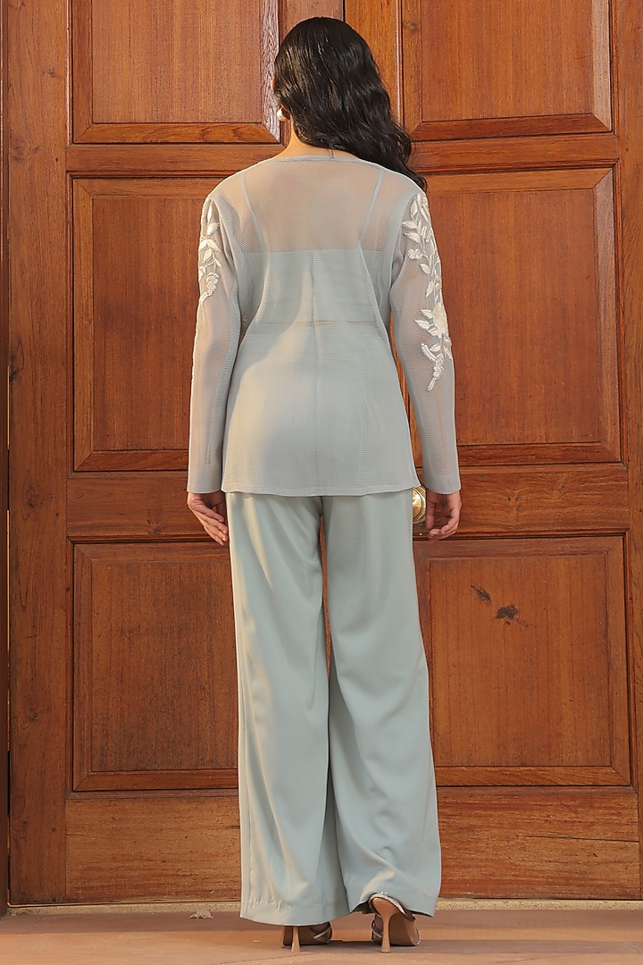 Aqua Blue Mesh Fabric Thread Embroidered Jacket Set by Label Astha Chhabra at Pernia's Pop Up Shop