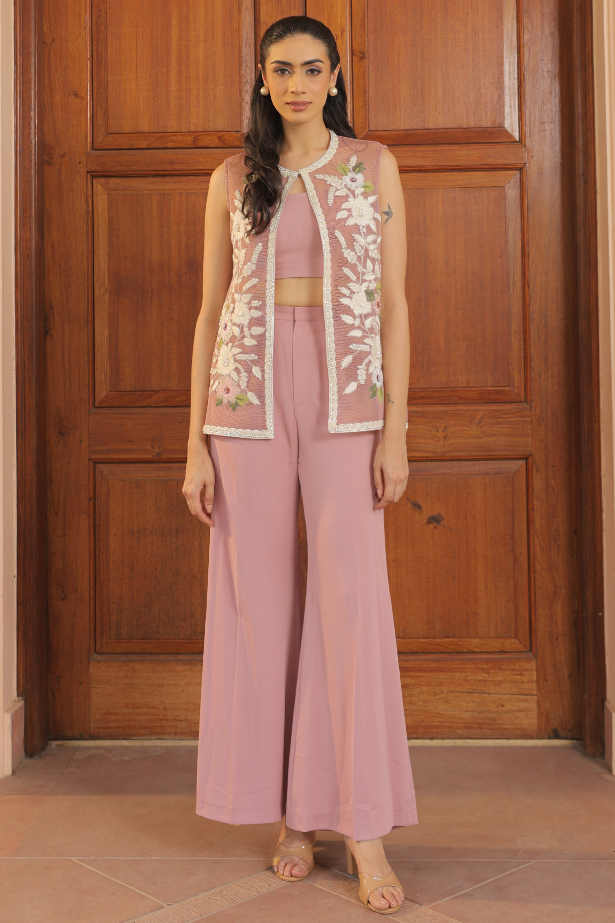 Pink Mesh Fabric Thread Embroidered Jacket Set by Label Astha Chhabra at Pernia's Pop Up Shop