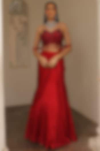 Red Satin Georgette Fish-Cut Draped Skirt Set by Label Astha Chhabra at Pernia's Pop Up Shop