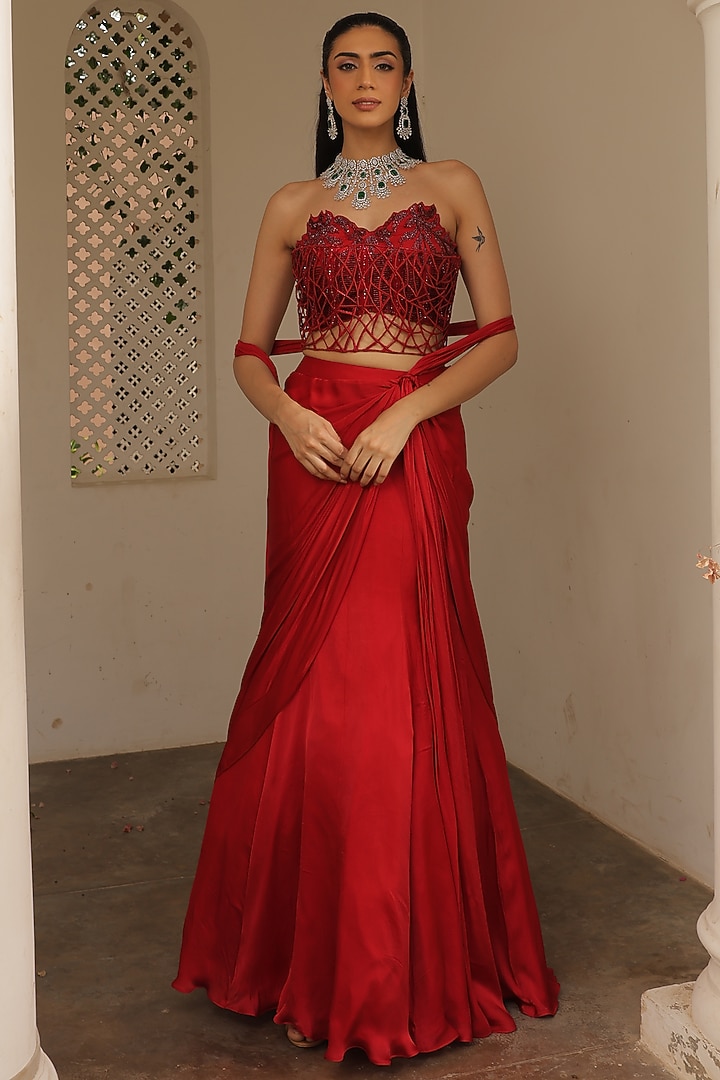 Red Satin Georgette Fish-Cut Draped Skirt Set by Label Astha Chhabra at Pernia's Pop Up Shop