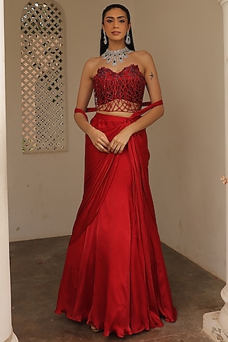 Red Satin Georgette Fish-Cut Draped Skirt Set by Label Astha Chhabra